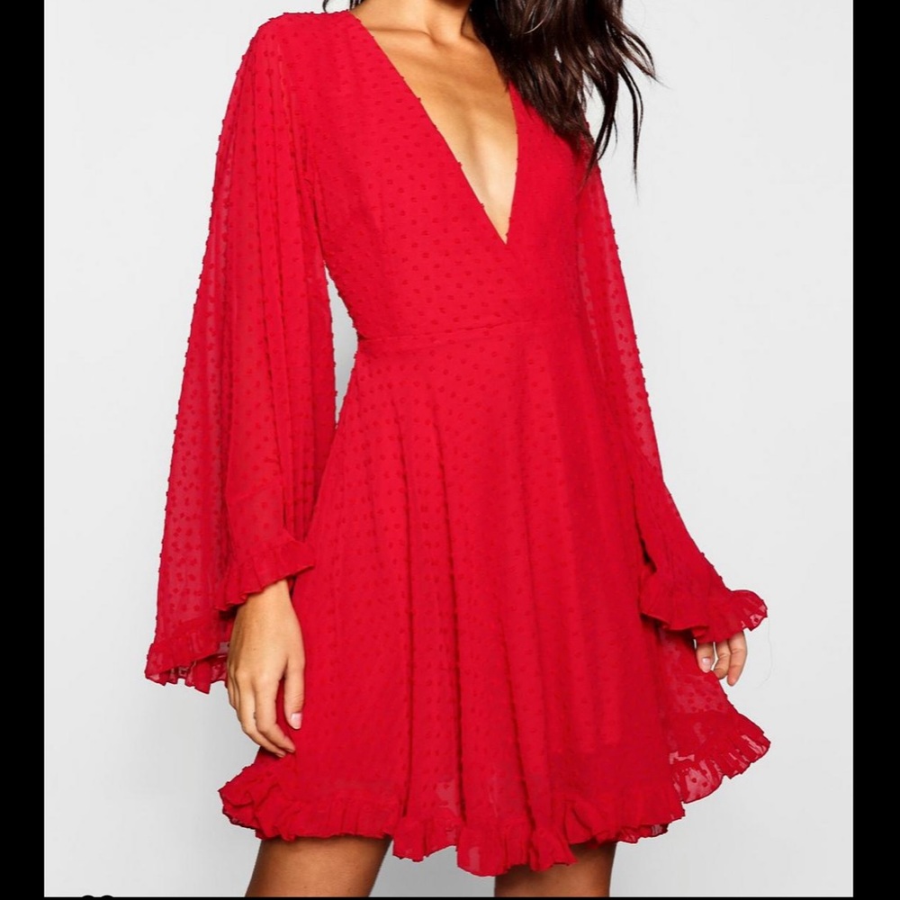 Chiffon Bell Sleeve Dress in Red